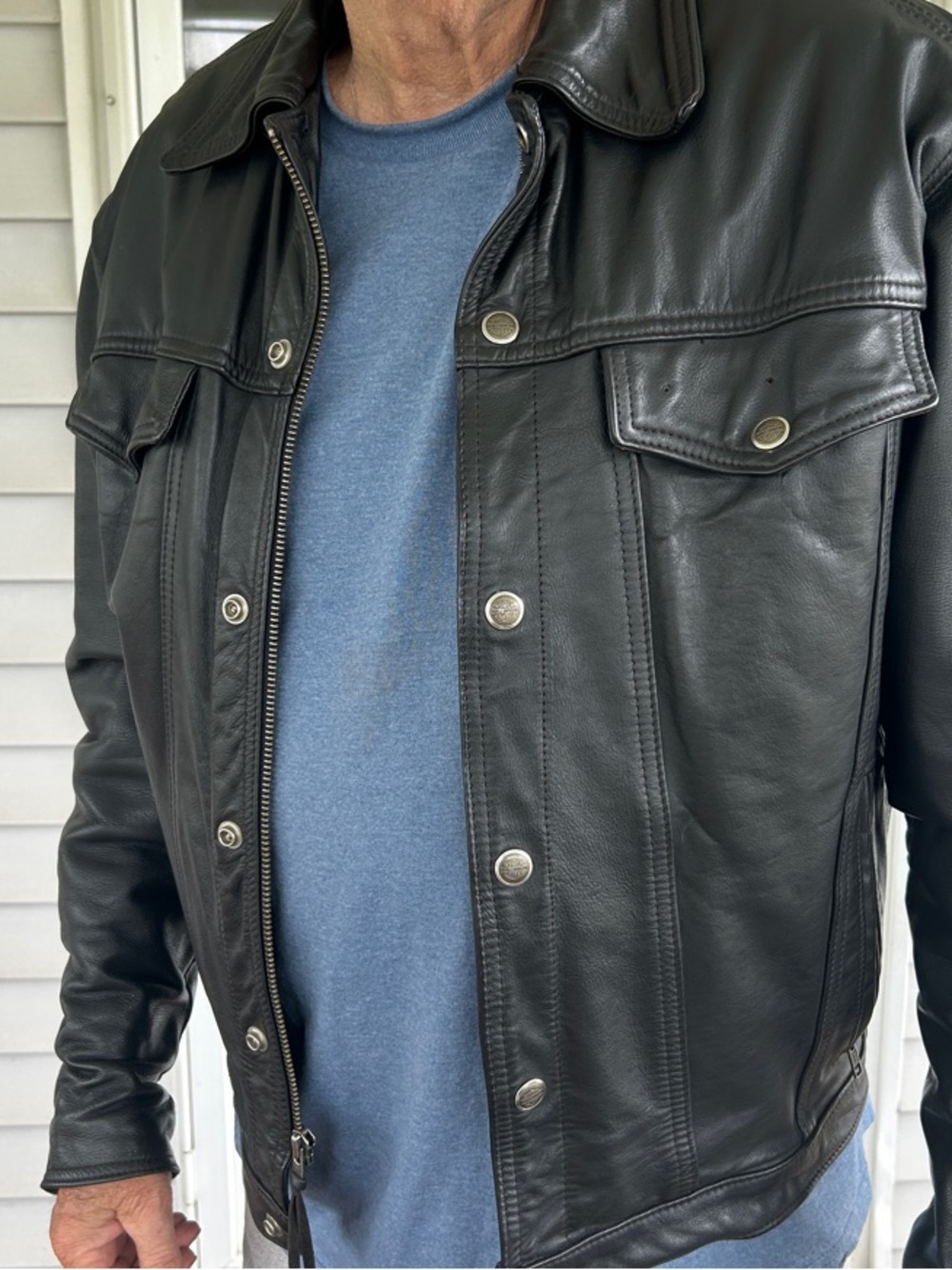 Harley-Davidson Black Leather Bomber Jacket with Snap Pockets